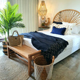 Black Raw Cotton Throw with White Stitch Pattern and Soft Fringe | 130×200cm